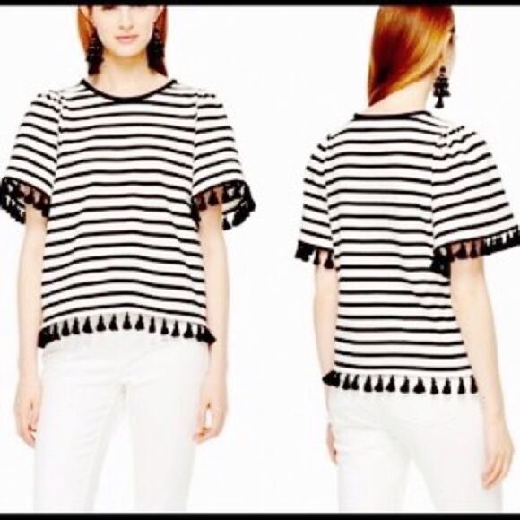 Kate Spade Broome Street Striped Puff  Sleeve Tassel Hem Top Sz Small - Picture 13 of 14